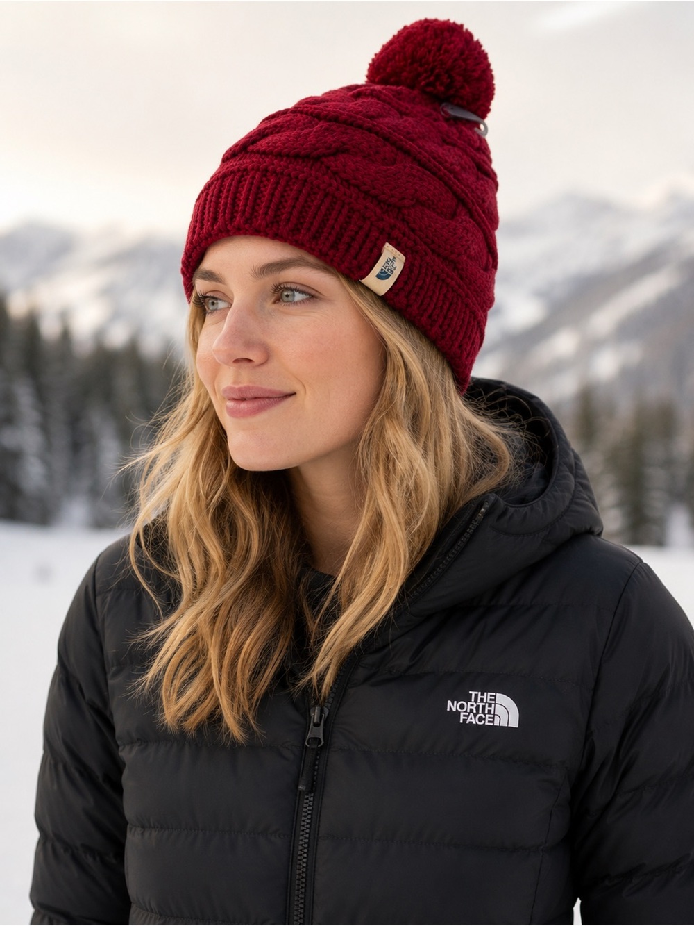 New-The North Face Pom Cable Knit Beanie - Burgundy One Size Fits All Unisex